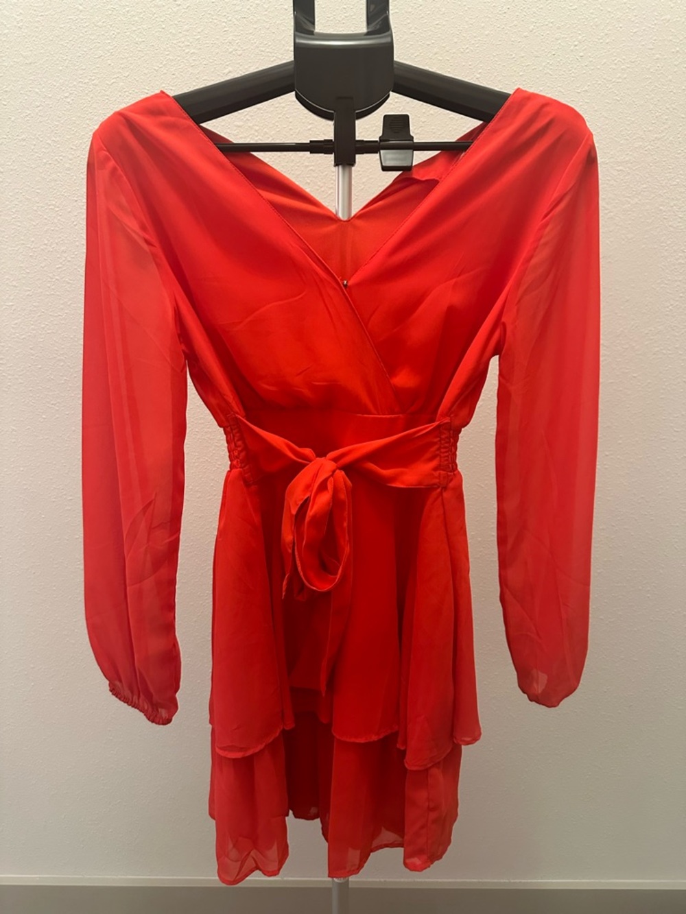 Japna Red V-Neck Tie-Waist Chiffon Dress with Long Sheer Sleeves